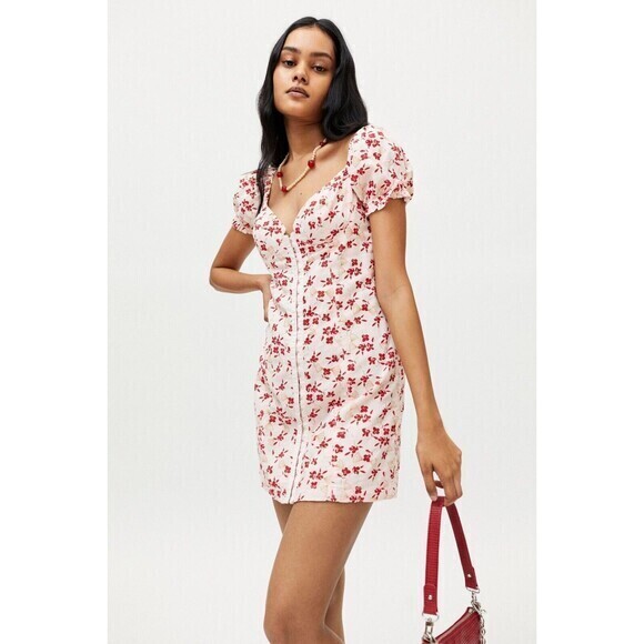 Urban Outfitters Britney Hook & Eye Mini Dress Pink‎ Size S Short Puff Sleeves - Picture 1 of 13